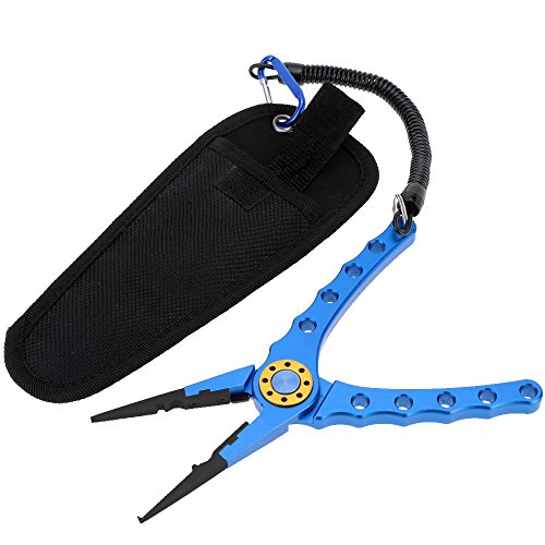 Lixada Fishing Pliers Saltwater Aviation Aluminum with Sheath and Lanyard - Braid Cutters Split Ring Pliers Hook Remover Line Cutting Stainless Steel Jaw Fish Holder, Durable & Lightweight - color: Blue