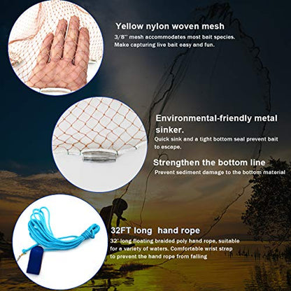 Drasry Saltwater American Fishing Cast Net 3/8inch Mesh Size for Bait Shrimp Trap Fish Heavy Duty Sinkers Throw Net 3FT/4FT/5FT/6FT/7FT/8FT/9FT/10FT Radius - color: yellow, size: 4FT Radius, style: Zinc-iron--tire Lines -3/8" Mesh 1lb/Ft