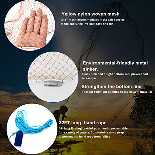 Drasry Saltwater American Fishing Cast Net 3/8inch Mesh Size for Bait Shrimp Trap Fish Heavy Duty Sinkers Throw Net 3FT/4FT/5FT/6FT/7FT/8FT/9FT/10FT Radius - color: yellow, size: 7FT Radius, style: Zinc-iron--tire Lines -3/8" Mesh 1lb/Ft