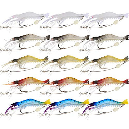 Goture Soft Shrimp Lures Fishing Saltwater Luminous Shrimp Bait Set Fishing Lures with Sharp Hooks for Freshwater Saltwater Trout Bass Salmon Crappie Walleye Pike Perch - color: 3.54in/0.21oz 15Piece