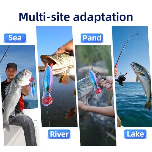 6 Pcs Large Top Water Popper,4.7 in Saltwater Poppers Fishing Lures,3D Eyes with Hooks and Ring for Surf Fishing, Bluefish,Fishing Gt Tuna Kingfish Large Predator Fish