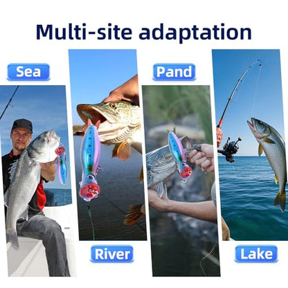 6 Pcs Large Top Water Popper,4.7 in Saltwater Poppers Fishing Lures,3D Eyes with Hooks and Ring for Surf Fishing, Bluefish,Fishing Gt Tuna Kingfish Large Predator Fish