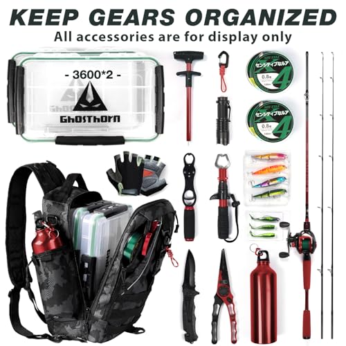 Ghosthorn Fishing Backpack with Tackle Boxes Fish Lip Gripper Pliers Lures Waterproof Tackle Bag with Rod Holder Fishing Gear - color: Black Camouflage, size: Standard