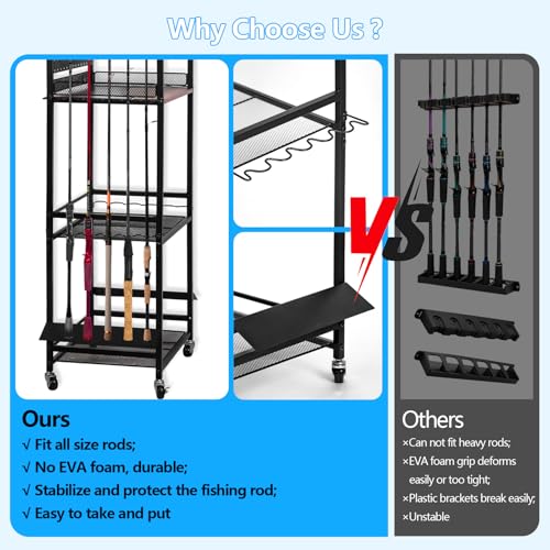 Fishing Rod Holder for Garage Organization, Fishing Rod Rack, Fishing Gear Storage up to 12 Rods with Pegboard & Hooks, Heavy Duty Fishing Cart with Wheels for Fishing Storage,Tackle Box