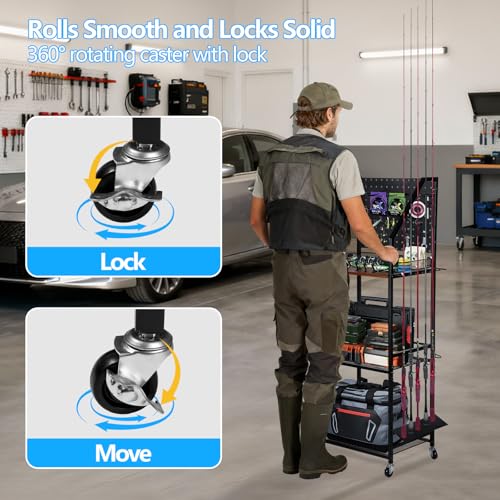 Fishing Rod Holder for Garage Organization, Fishing Rod Rack, Fishing Gear Storage up to 12 Rods with Pegboard & Hooks, Heavy Duty Fishing Cart with Wheels for Fishing Storage,Tackle Box