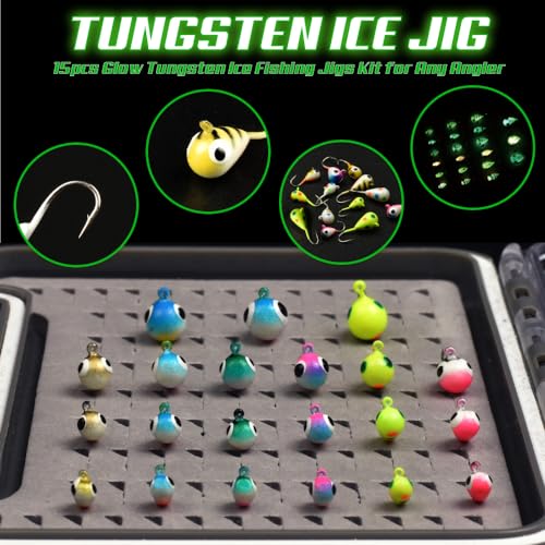 Tungsten Ice Fishing Jigs Kit - 15/21/45pcs Effective Glow Lures for Crappie, Panfish, Walleye - color: Colorful