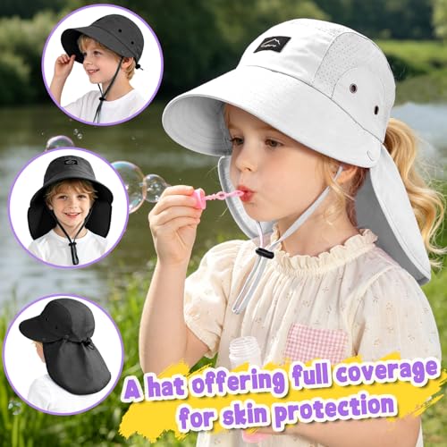 Kids Sun Hat with Detachable Neck Flap for Boys & Girls Wide Brim Fishing Hat for Kids Water Resistant UV Protection - color: 1 Pack-black
