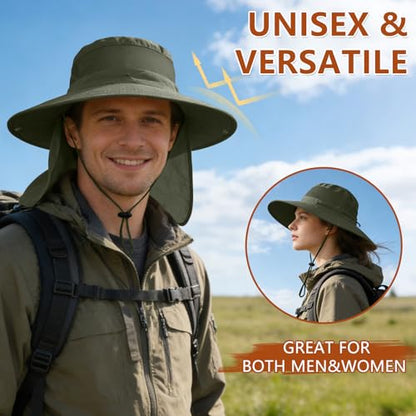 ZOORON Sun Hats for Men Women Fishing Hat with Neck Flap,UPF 50+ Sun Hat Waterproof Wide Brim Bucket Hats for Safari Hiking - color: 1-army Green-arm Sleeves
