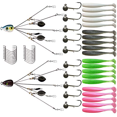 5 Arms Alabama Rig Fishing Lure, Umbrella Rig with Spinner for Striper, A-Rig for Boat Trolling Frashwater/Saltwater, with Soft Swimbait and Hooks for Bass Crappie Walleye Pickerel Trout Perch - color: Powder Green, size: Large