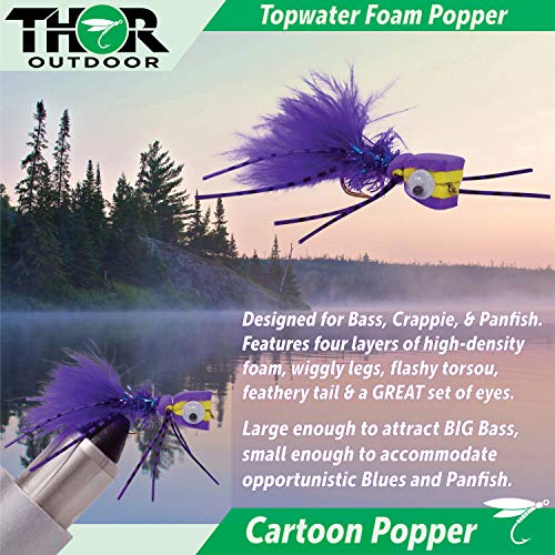 Topwater Fly Fishing Kit for Bass & Panfish | 14 pc Set + Tapered Leader - Foam Poppers, Hoppers, Dry Flies, Spiders, Ants, & Attractors (Hook Size 10 to 12)