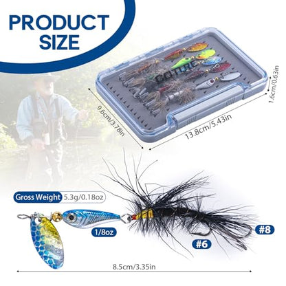 Goture Trout Lures Fishing Spinners,Rooster Bait Tail Bass Fishing Lures with Brass Spinner Blade Fish-Shaped Jig Heads for Freshwater Saltwater,Salmon Steelhead Trout Spinner Bait with Tackle Box - color: A:5pcs Trout Spinners