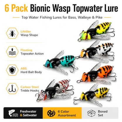 6Pack Bionic Wasp Topwater Lure,Top Water Fishing Lures,Topwater Lures for Bass Walleye Pike,2026 Wasp Crawl Bait for Freshwater and Saltwater-Floating Hard Bait w/Carbon Steel Treble Hooks - size: No. 12
