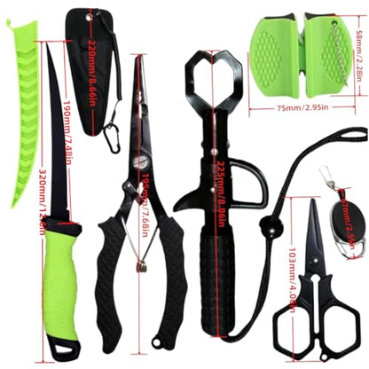 Pro Fishing Gear Fishing Tool Set, Fishing Pliers with Lanyard, Fish Lip Gripper, Fillet Knife, Fishing Braid Scissors, Nylon Sheath, Retractable Tool Tether, Sharpener, Fishing Gifts for Men - color: Green+Black