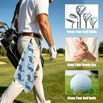 Cartoon Whales Fish Blue Pattern Magnetic Golf Towel for Golf Bags Microfiber Golf Essentials for Women Men with Carabiner Clip Attaches to Clubs and Carts, 17.7"x17.7"