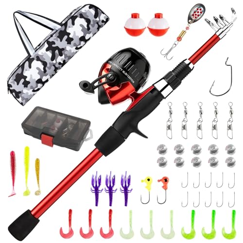 WIDDEN Kids Fishing Pole, Youth Fishing Rod and Reel Combo - Telescopic Portable Fishing Pole with Tackle Box Bag Starter Anglers Set, Fishing Gear Kit for Boys Girls Teens Age 5-18 and Beginners - color: Red
