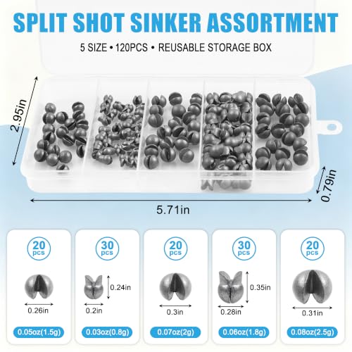 Split Shot Fishing Weights, 120pcs Fishing Weights Sinkers Assortment Removable Split Shot Sinkers Round Reusable Clip On Weights Freshwater Saltwater - color: Mixed-120pcs