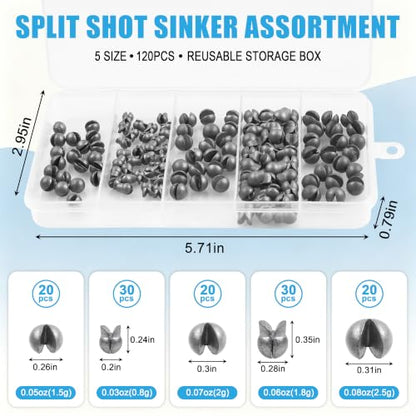 Split Shot Fishing Weights, 120pcs Fishing Weights Sinkers Assortment Removable Split Shot Sinkers Round Reusable Clip On Weights Freshwater Saltwater - color: Mixed-120pcs