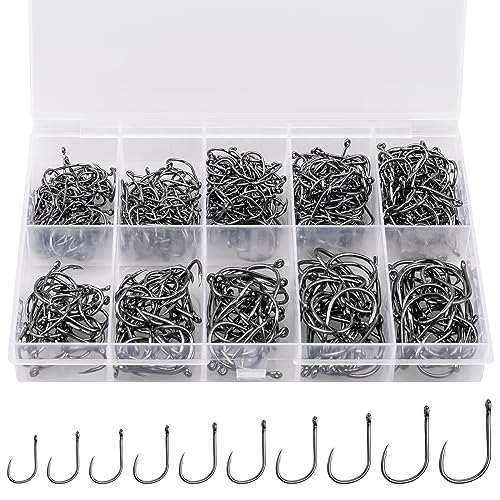 500PCS/100PCS ReeMoo Premium Fishing Hooks, 10 Sizes/4 Sizes Carbon Steel Fishing Hooks W/Portable Plastic Box, Strong Sharp Fish Hook with Barbs for Freshwater/Seawater - style: 500pcs