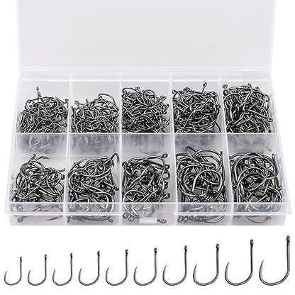 500PCS/100PCS ReeMoo Premium Fishing Hooks, 10 Sizes/4 Sizes Carbon Steel Fishing Hooks W/Portable Plastic Box, Strong Sharp Fish Hook with Barbs for Freshwater/Seawater - style: 500pcs