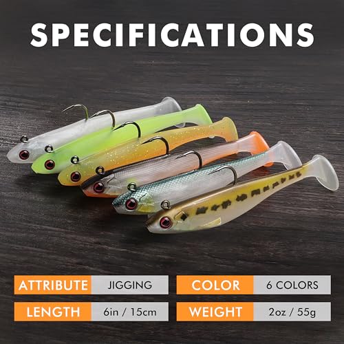 TRUSCEND Shadtale Easy Catch Soft Fishing Lures with BKK Hooks - Trembly Sinking and Vibrating Swim for More Bites, Pre-Rigged Swimbaits for Bass, Trout, Crappie, Walleye, Freshwater Saltwater Fishing - color: 6",2oz