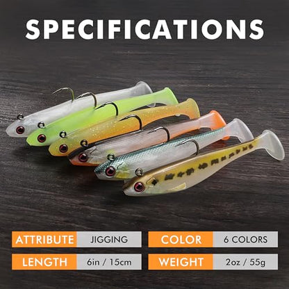 TRUSCEND Shadtale Easy Catch Soft Fishing Lures with BKK Hooks - Trembly Sinking and Vibrating Swim for More Bites, Pre-Rigged Swimbaits for Bass, Trout, Crappie, Walleye, Freshwater Saltwater Fishing - color: 6",2oz