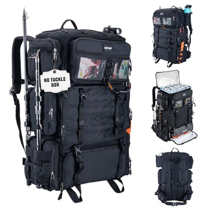 Goture Fishing Backpack with Cooler,72L Large 600D Tackle Backpack with Rod Holders,Dry & Wet Split Compartment,Adjustable Main Compartment,Rain Cover,Insulated Tactical Bag for Travel Camping Hiking - color: Black (Only Bag, Without Tackle Box)