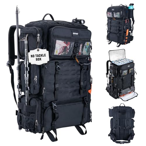 Goture Fishing Backpack with Cooler,72L Large 600D Tackle Backpack with Rod Holders,Dry & Wet Split Compartment,Adjustable Main Compartment,Rain Cover,Insulated Tactical Bag for Travel Camping Hiking - color: Black (Only Bag, Without Tackle Box)