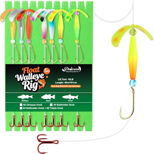 Dovesun Crawler Harness Walleye Rigs with Dual-Wing Blade, Float Walleye Spinner Rig for Slow Trolling (0.25 mph), Fluorocarbon Worm Harness, 2 Hook Walleye Fishing Rigs, 7 Pack - size: #4 Baitholder + #8 Treble Hook
