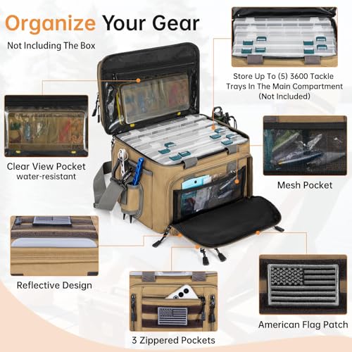 Fishing Tackle Bag - Holds 3400-3600 Size Tackle Boxes -Saltwater & Freshwater Fishing Bags - Padded Shoulder Strap Fishing Bags (Kahki) (Bag Only) - color: Kahki, style: Bag Only