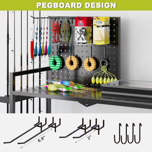 Fishing Rod Holders for Garage, Fishing Rod Stand with Wheels and Pegboard, 3-Tier Pole Storage Rack with 8 Hooks and 12 Rod Slots, Ideal for Tackle, Backpacks, and Gear - color: Black