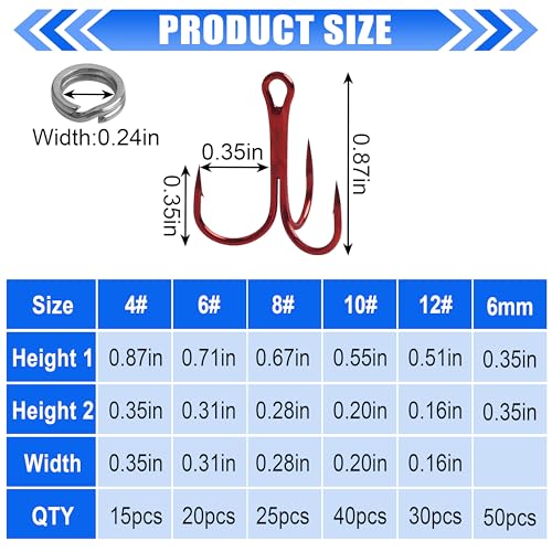 Fishing Treble Hooks Kit, Sharp Replacement Treble Hooks for Lures Baits, High Carbon Steel Fishing Hooks with Stainless Steel Split Rings Set for Bass Trout Walleye Pike - color: Red_180pcs