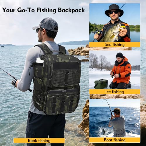 MGB Fishing Tackle Backpack with Rod Holders & YKK Zipper, 46L Fishing Bag with Bottle Holder, Storage Bag Store Fishing Gear - color: Green+black Camo（without Tackle Box）