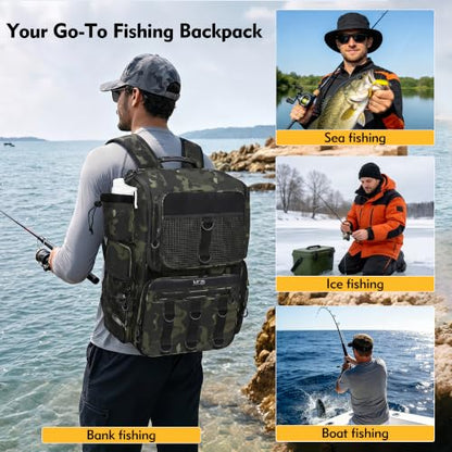 MGB Fishing Tackle Backpack with Rod Holders & YKK Zipper, 46L Fishing Bag with Bottle Holder, Storage Bag Store Fishing Gear - color: Green+black Camo（without Tackle Box）