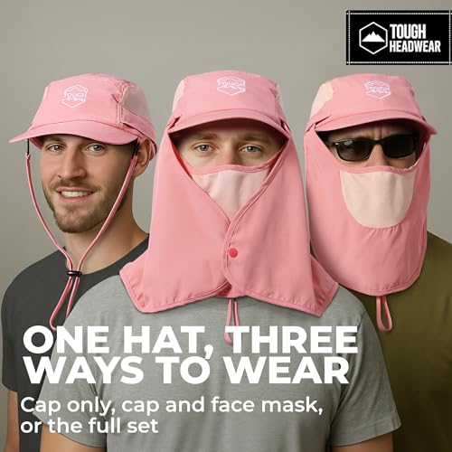 Tough Headwear Fishing Cap w/Face Mask & Neck Flap - Sun Protection Hat with UPF 50 -Landscaping Hats for Women and Men - color: Pink
