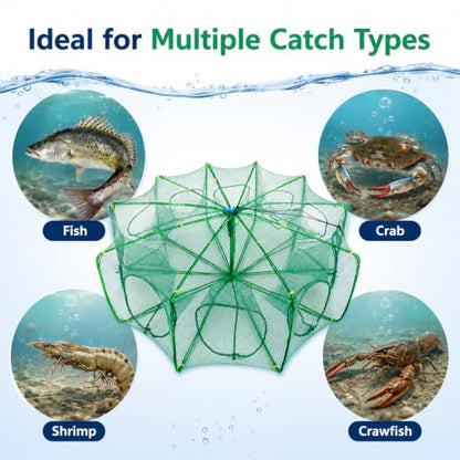 Fishing Bait Trap, 10-Hole 10-Sided Foldable Fishing Net Trap, Portable Nylon Mesh Collapsible Fish Trap with Storage Bag for Minnow Crab Shrimp Crawfish, Freshwater Saltwater