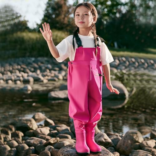 SooGree Kids Chest Wader with Non-Slip Boots,Youth Fishing Hunting Waterproof Waiters, Children Boys Girls Breathable Waders - color: Pink, size: Foot length：6.89"；Height：35.43"-43.3"