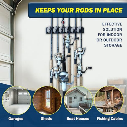 Rush Creek Creations 6-Rod Vertical Fishing Rod Holder for Garage, Heavy-Duty ABS Plastic Wall Mount Fishing Rod Rack, Securely Holds up to 6 Rods or Combos