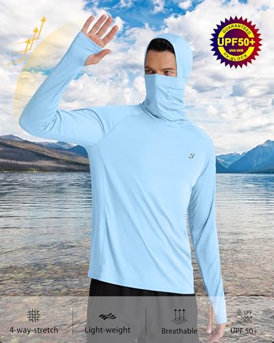 Roadbox UPF 50+ Men's Hooded Fishing Shirts, Long Sleeve UV Sun Protection Hoodie Hiking Running Swim Rash Guard with Mask - color: Light Blue, size: Medium