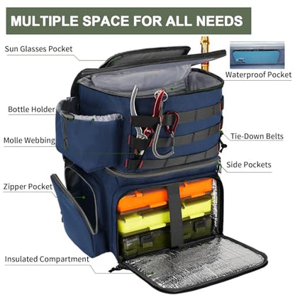 MATEIN Fishing Backpack, Water Resistant Tackle Storage Bag with Rod Holders & Cooler, Fishing Gifts for Men - color: Blue - Large