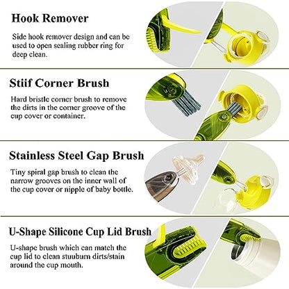 4 in 1 Cup Lid Cleaning Brush Set Multifunctional Bottle Brush Cleaner Tiny Bottle Cup Lid Brush Straw Cleaner Tools Mini Silicone Bottle Cup-Holder Cleaner with Hook Remover Green+Grey - style: 1pc Green 1pc Grey 4in1