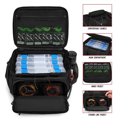 Fishing Tackle Bag, Equipped With 4 Tackle Boxes and Detachable Reel Storage Pouch, Waterproof Fishing Gear Organizer, Adjustable Shoulder Strap Fishing Bags for Saltwater & Freshwater - color: Black-4 Tackle Boxes