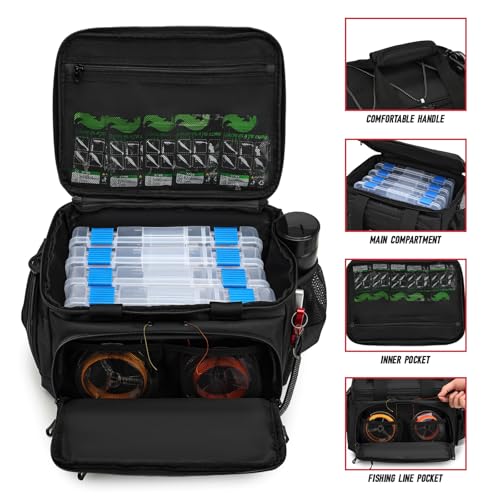 Fishing Tackle Bag, Equipped With 4 Tackle Boxes and Detachable Reel Storage Pouch, Waterproof Fishing Gear Organizer, Adjustable Shoulder Strap Fishing Bags for Saltwater & Freshwater - color: Black-4 Tackle Boxes