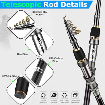 PLUSINNO Fishing Rod, Telescopic Fishing Rod and Reel Combo, Collapsible Travel Fishing Pole Rod Starter Kit, Carbon Fiber Fishing Rods and 12 +1 Bearings Stainless Steel, Fishing Gifts for Men Adults - color: Full Kit with Fishing Tackle Box, size: 2.1m