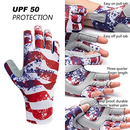 Bassdash ALTIMATE UPF 50+ Sun Protection Fingerless Fishing Gloves Men - color: Americana, size: Large