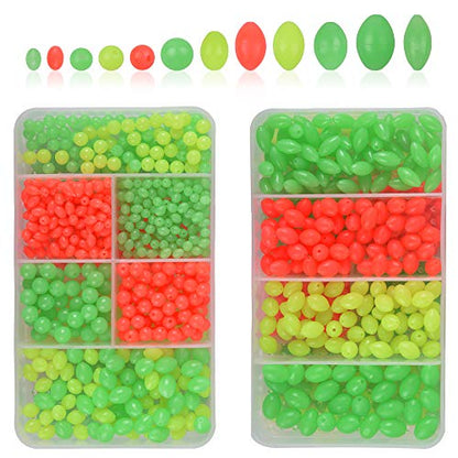 AGOOL Fishing Beads Assorted Set, 1000pcs Glow Beads Fishing Bait Eggs Soft Plastic Oval Round Luminous Beads Fishing Line Beads Fishing Lures Fishing Tackle Tool for Deep Drop Fishing Night Fishing