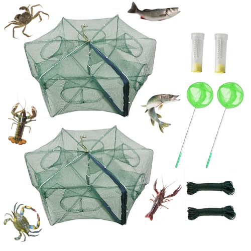 Foldable Fish Trap,Minnow Crawfish Crab Crayfish Bait Net,Portable Shrimp | 1/2 Pcs Crawdad Cast,Nylon Mesh Steel Frame,Durable Lightweight Zipper,Entrances 360 Design,Lakes Rivers Sink Catch - color: 2Pcs 6 holes