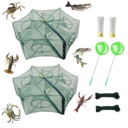 Foldable Fish Trap,Minnow Crawfish Crab Crayfish Bait Net,Portable Shrimp | 1/2 Pcs Crawdad Cast,Nylon Mesh Steel Frame,Durable Lightweight Zipper,Entrances 360 Design,Lakes Rivers Sink Catch - color: 2Pcs 6 holes