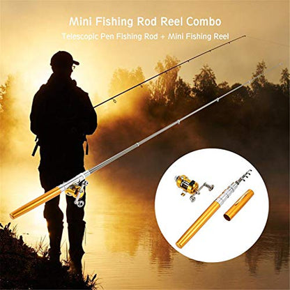 Jatzde Mini Portable Pocket Fish Rod Pen Aluminum Alloy Fishing Rod Pole Reel Combos… - color: Gold