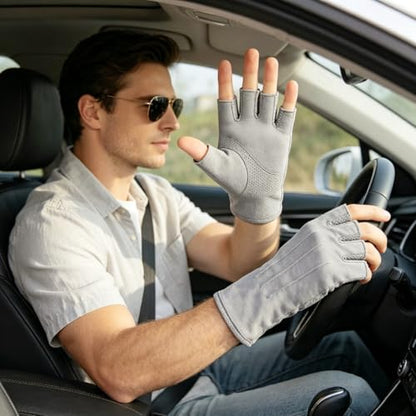 JIAHG Women Men's Driving Gloves Summer UV Sun Glove Non Slip Touchscreen Cotton Gloves Outdoor Sunblock Mittens for Cycling - color: Cotton-grey Half Finger