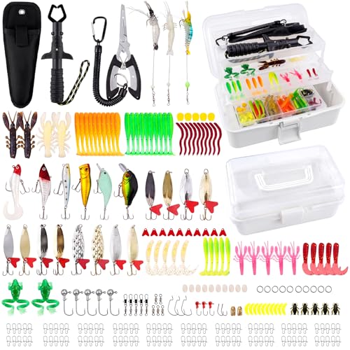 3 Layer Fishing Tackle Box with Tackle Included,Fishing Bait Kit,Pliers,Fish Lip Gripper,Accessories, Gift for Fishing Men Women Kids Saltwater Freshwater